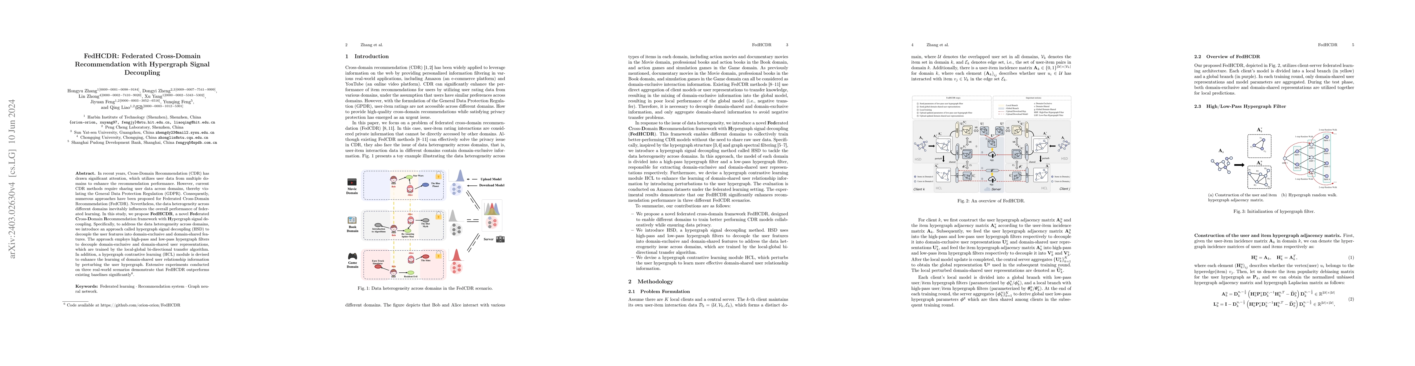 Thumbnail for FedHCDR: Federated Cross-Domain Recommendation with Hypergraph Signal
  Decoupling