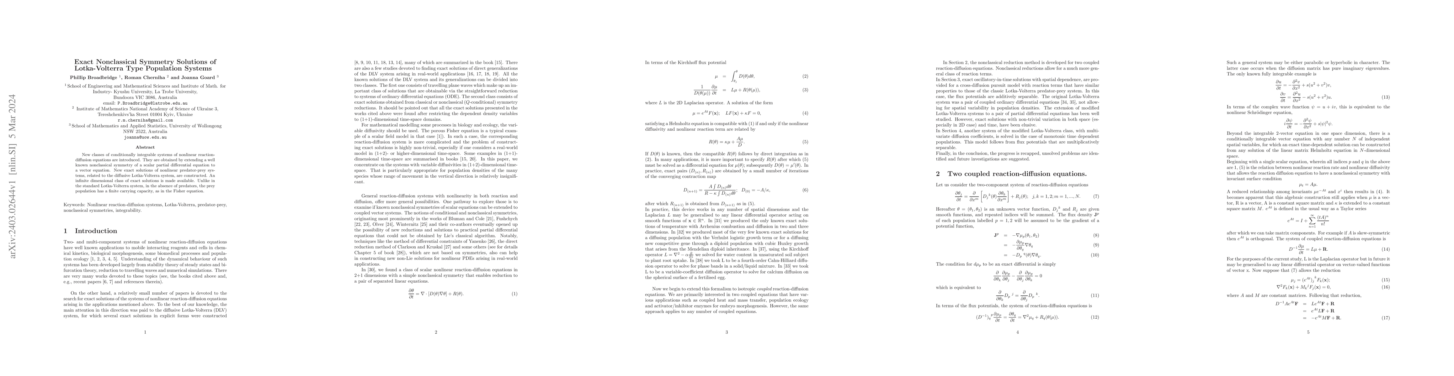 Thumbnail for Exact Nonclassical Symmetry Solutions of Lotka-Volterra Type Population
  Systems