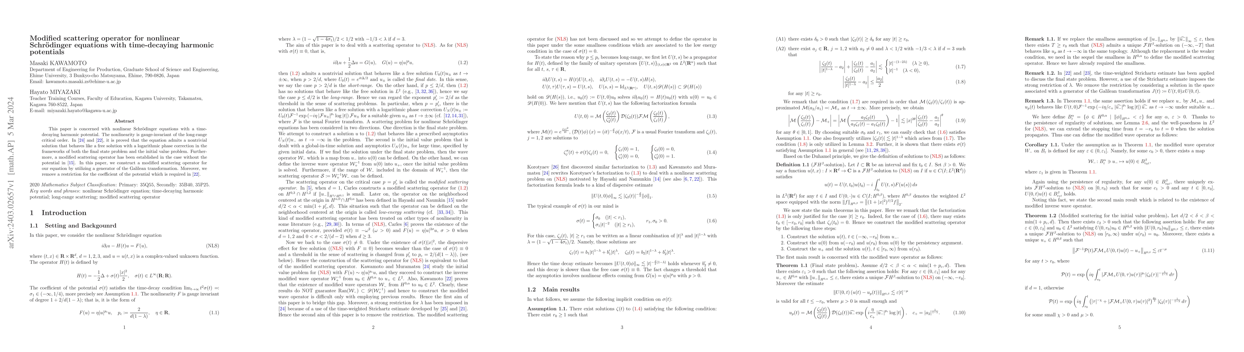 Thumbnail for Modified scattering operator for nonlinear Schr\"odinger equations with
  time-decaying harmonic potentials