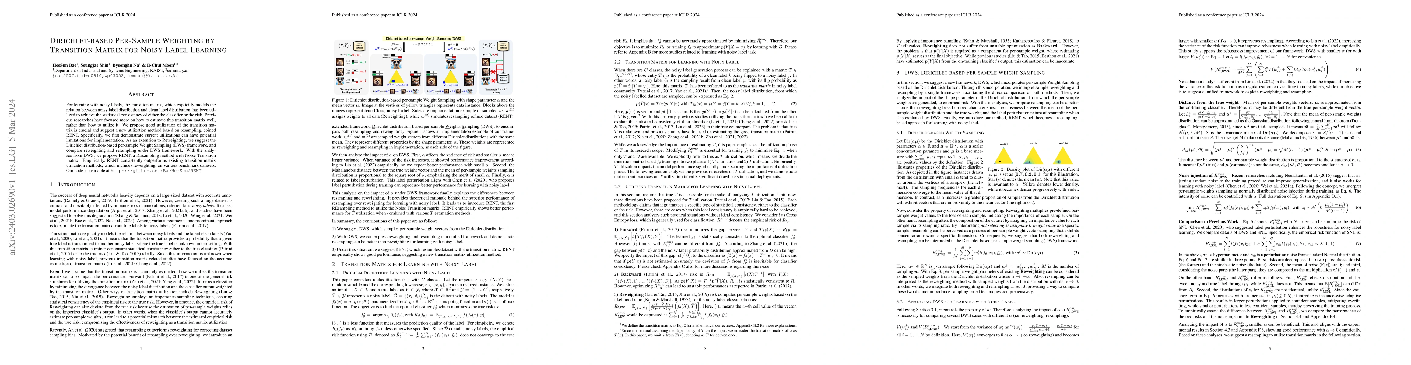 Thumbnail for Dirichlet-based Per-Sample Weighting by Transition Matrix for Noisy
  Label Learning