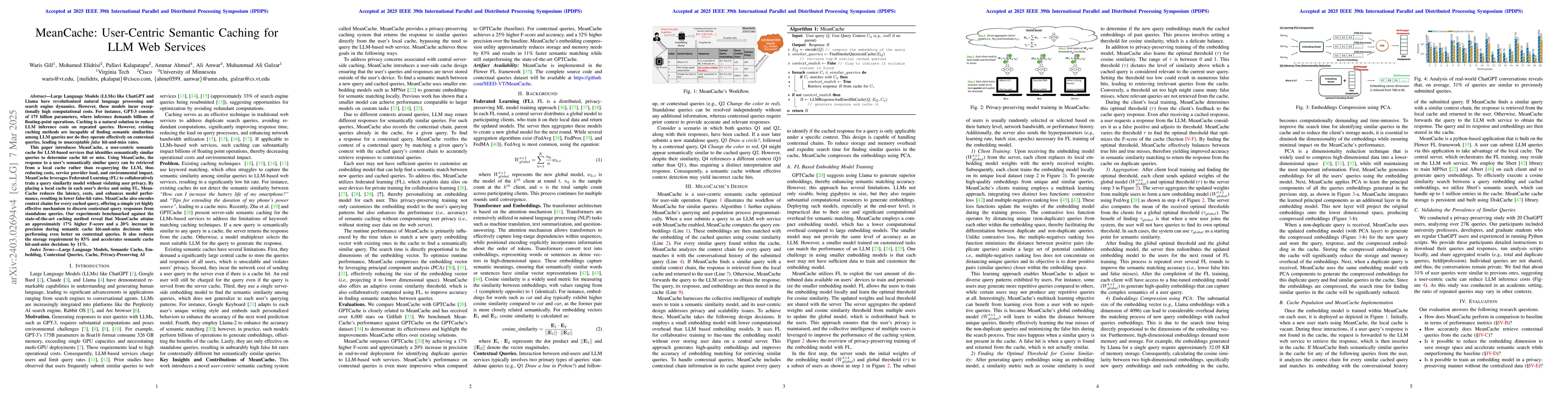 Thumbnail for MeanCache: User-Centric Semantic Cache for Large Language Model Based
  Web Services