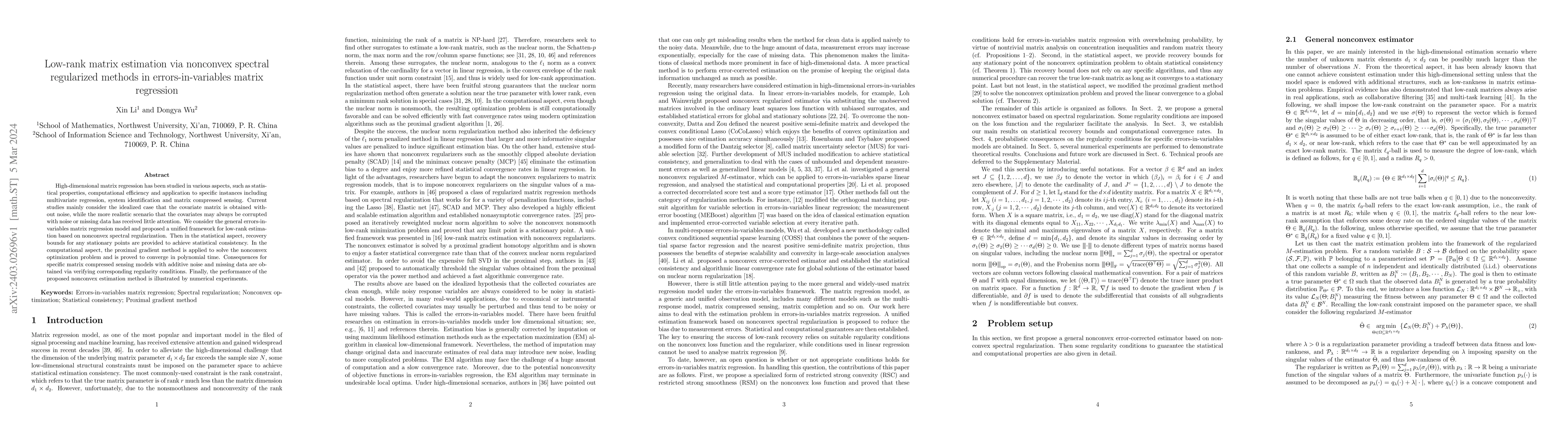 Thumbnail for Low-rank matrix estimation via nonconvex spectral regularized methods in
  errors-in-variables matrix regression