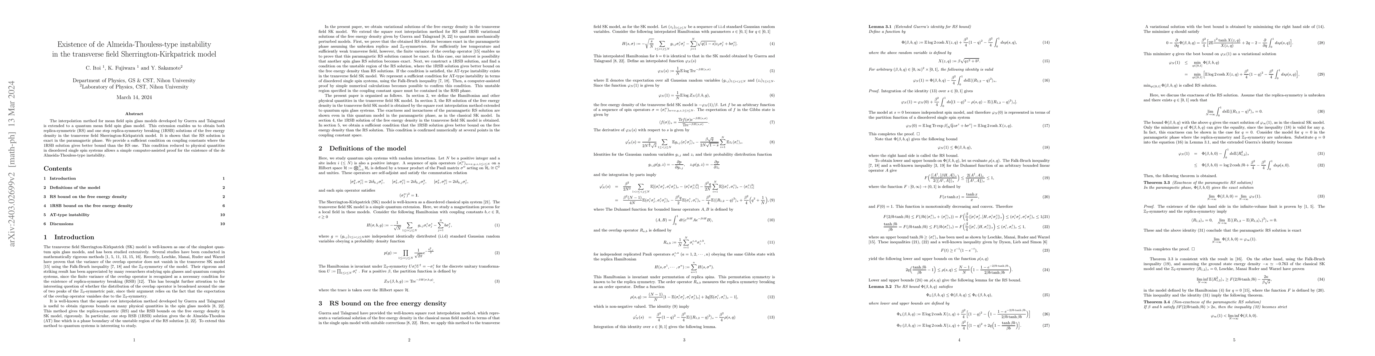 Thumbnail for Existence of de Almeida-Thouless-type instability in the transverse
  field Sherrington-Kirkpatrick model