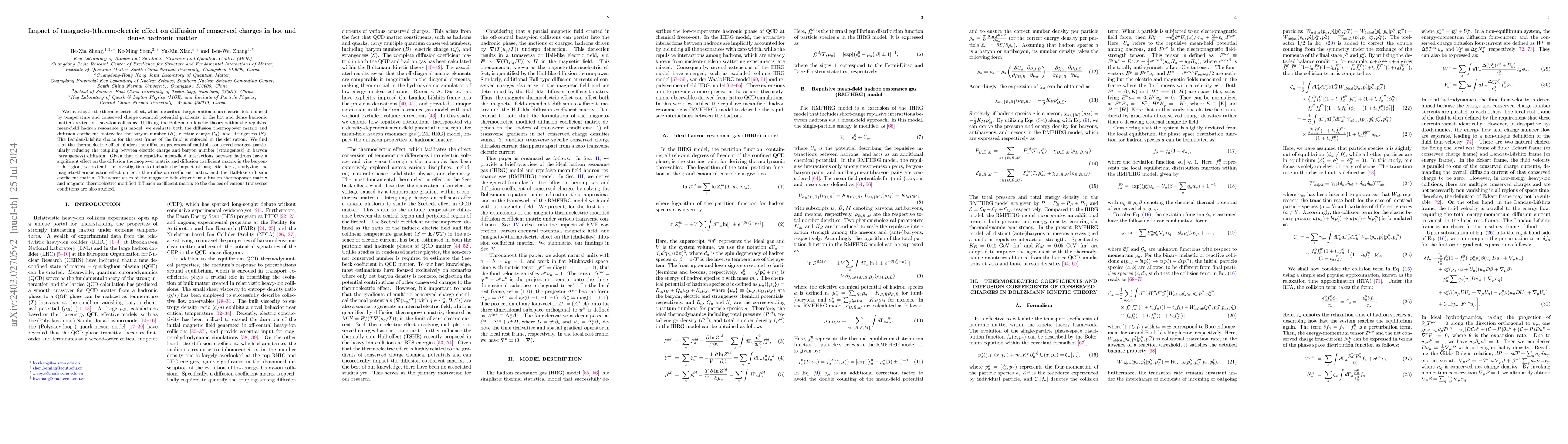 Thumbnail for Impact of (magneto-)thermoelectric effect on diffusion of conserved
  charges in hot and dense hadronic matter