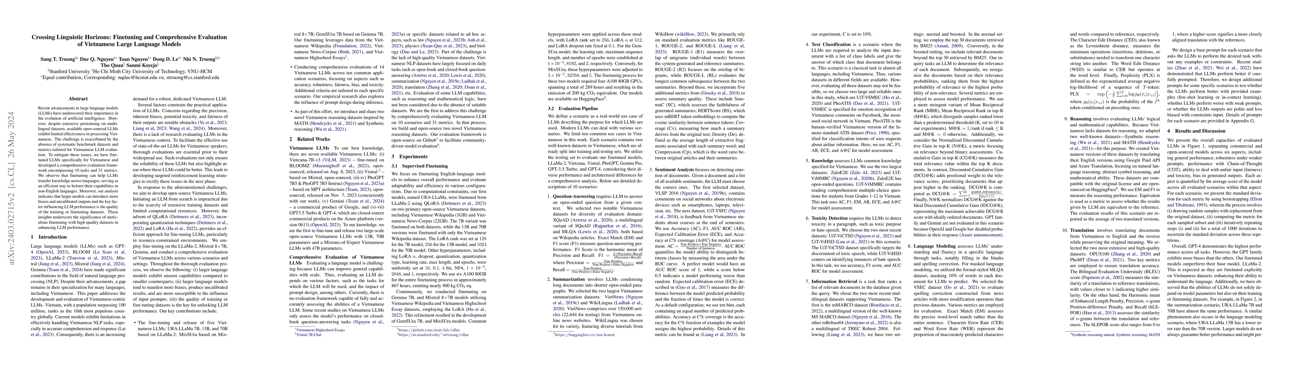Thumbnail for Crossing Linguistic Horizons: Finetuning and Comprehensive Evaluation of
  Vietnamese Large Language Models