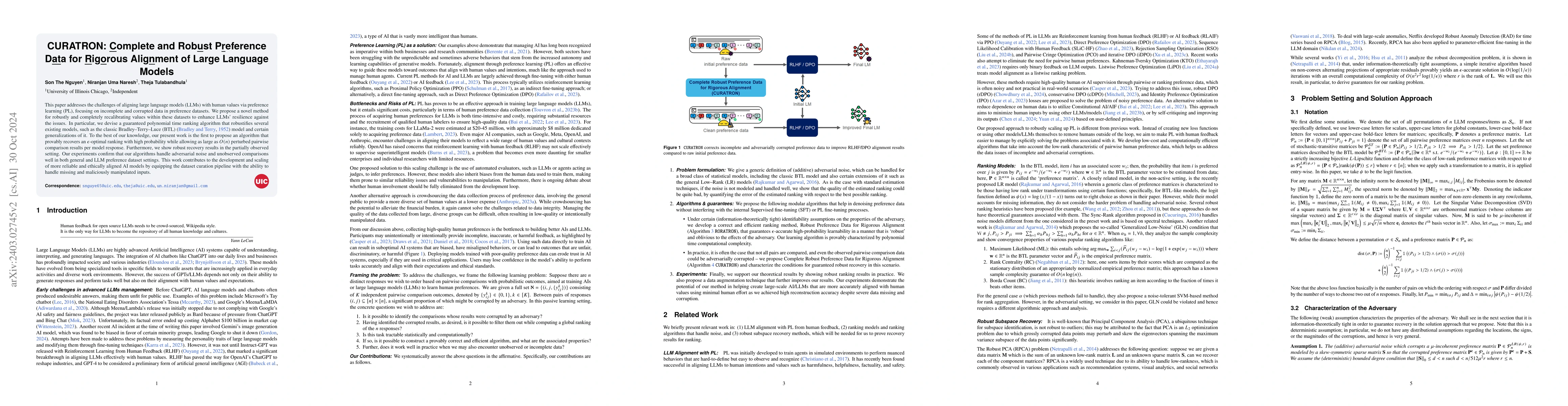 Thumbnail for CURATRON: Complete Robust Preference Data for Robust Alignment of Large
  Language Models