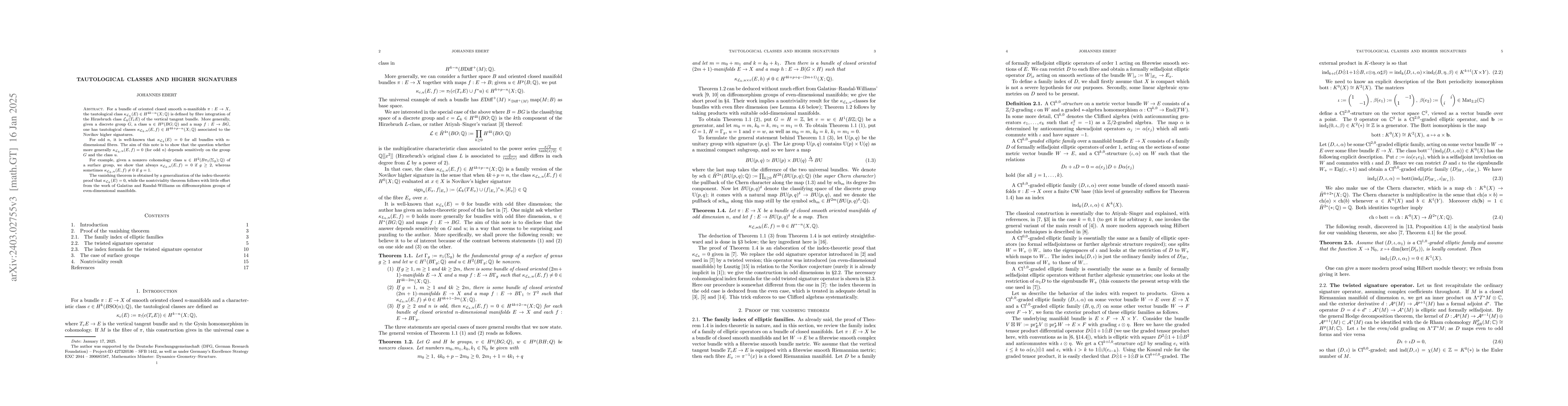 Thumbnail for Tautological classes and higher signatures