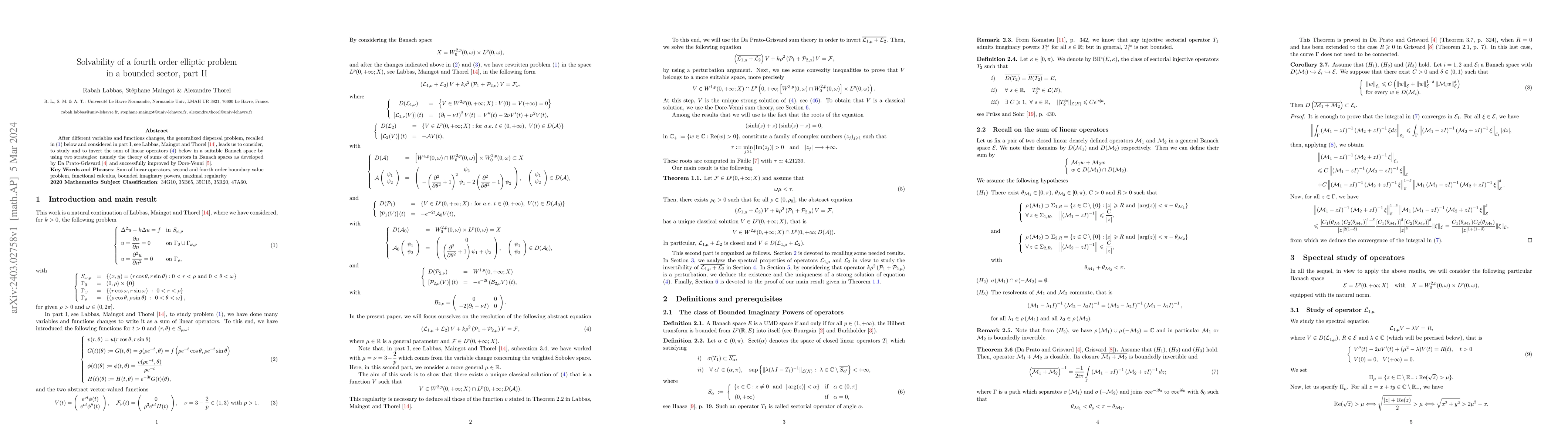Thumbnail for Solvability of a fourth order elliptic problem in a bounded sector, part
  II