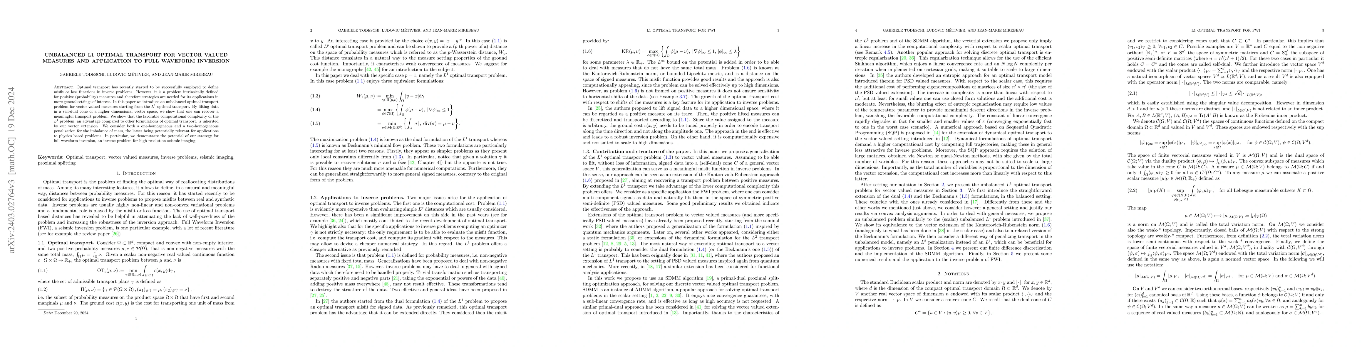 Thumbnail for Unbalanced L1 optimal transport for vector valued measures and
  application to Full Waveform Inversion
