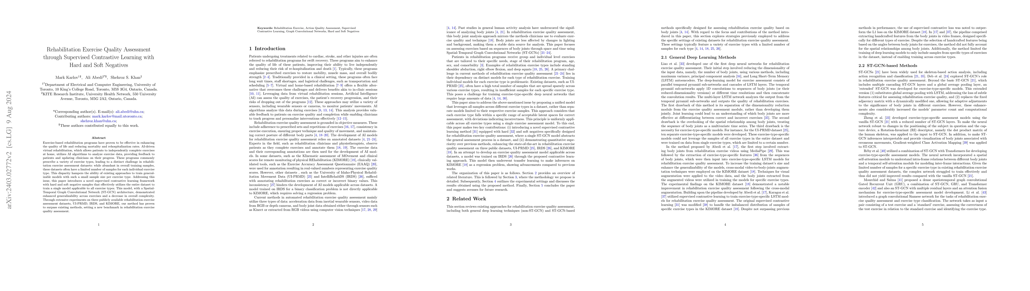 Thumbnail for Rehabilitation Exercise Quality Assessment through Supervised
  Contrastive Learning with Hard and Soft Negatives