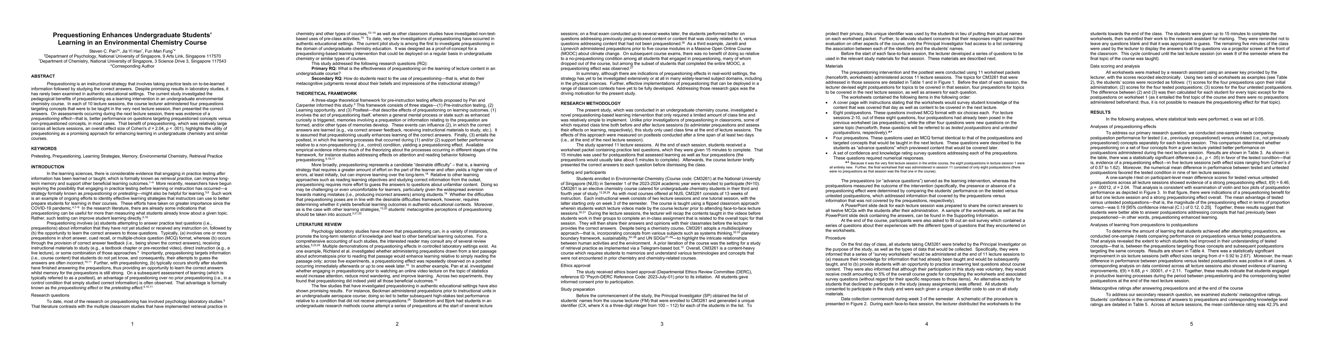 Thumbnail for Prequestioning Enhances Undergraduate Students Learning in an
  Environmental Chemistry Course