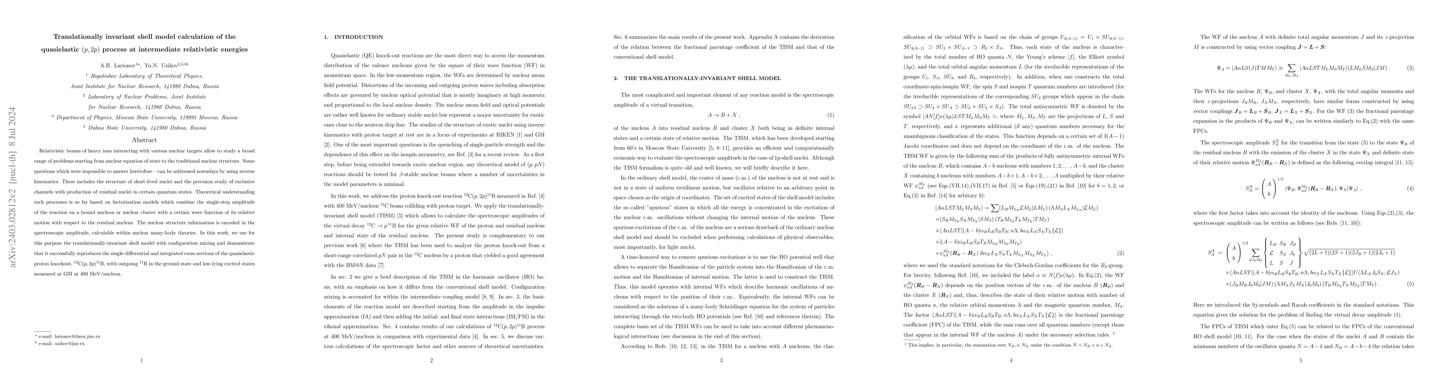 Thumbnail for Translationally invariant shell model calculation of the quasielastic
  $(p,2p)$ process at intermediate relativistic energies