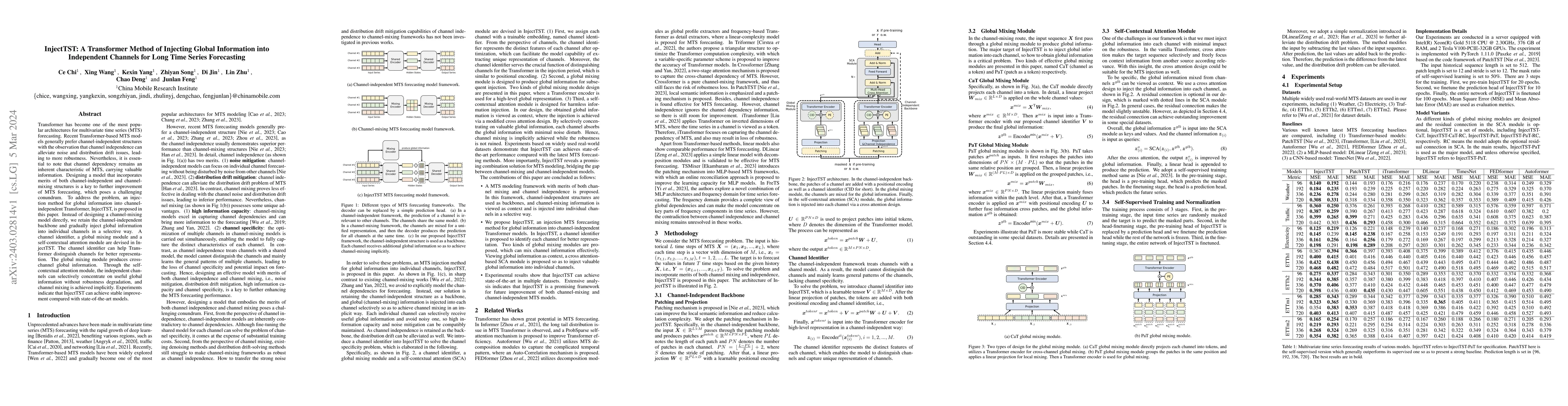 Thumbnail for InjectTST: A Transformer Method of Injecting Global Information into
  Independent Channels for Long Time Series Forecasting