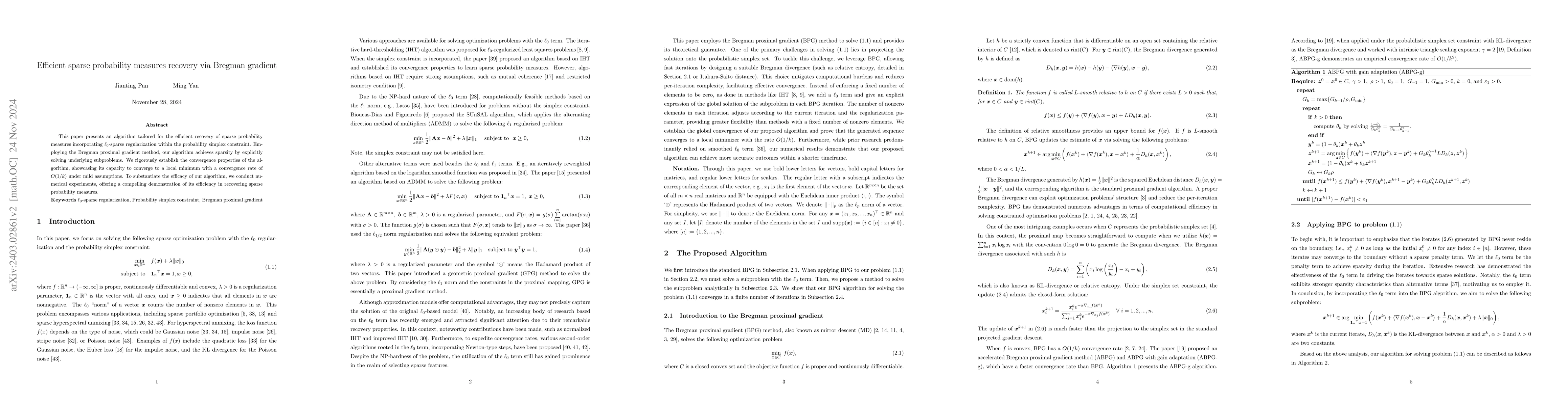 Thumbnail for Efficient sparse probability measures recovery via Bregman gradient