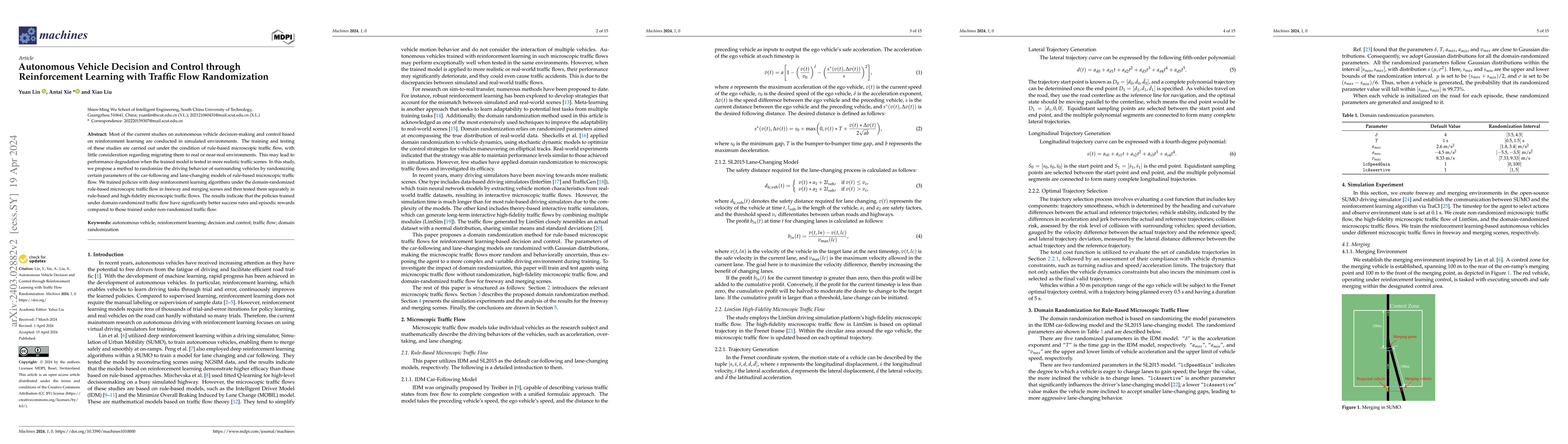 Thumbnail for Autonomous vehicle decision and control through reinforcement learning
  with traffic flow randomization