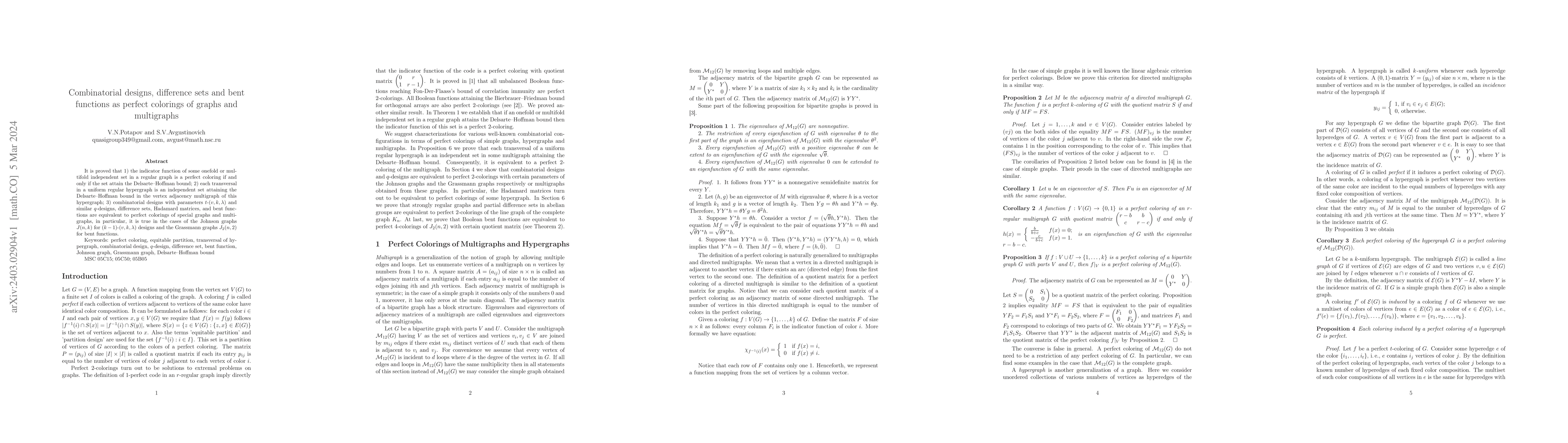 Thumbnail for Combinatorial designs, difference sets and bent functions as perfect
  colorings of graphs and multigraphs