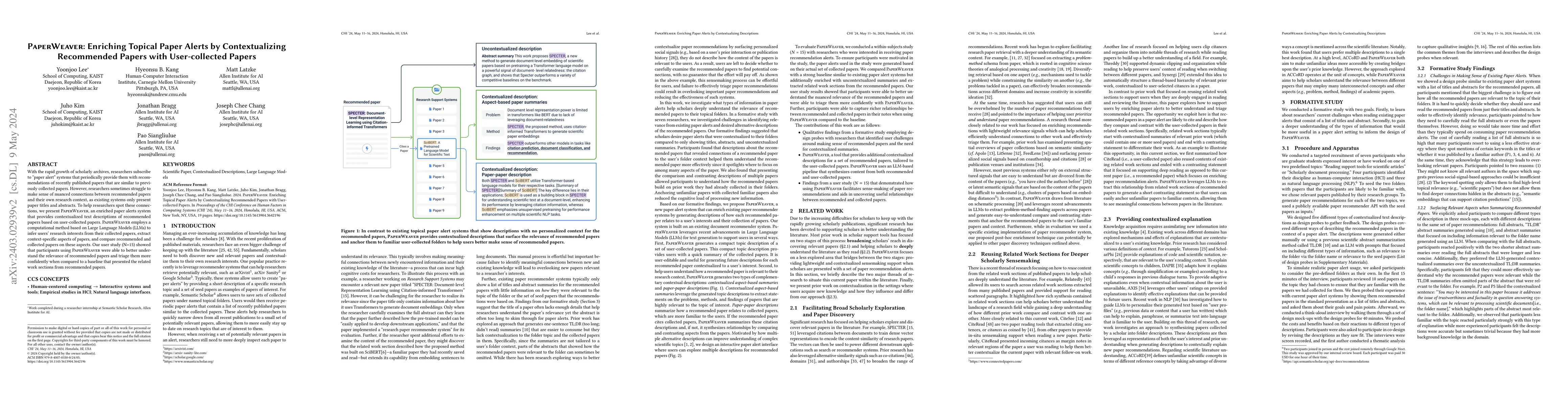 Thumbnail for PaperWeaver: Enriching Topical Paper Alerts by Contextualizing
  Recommended Papers with User-collected Papers