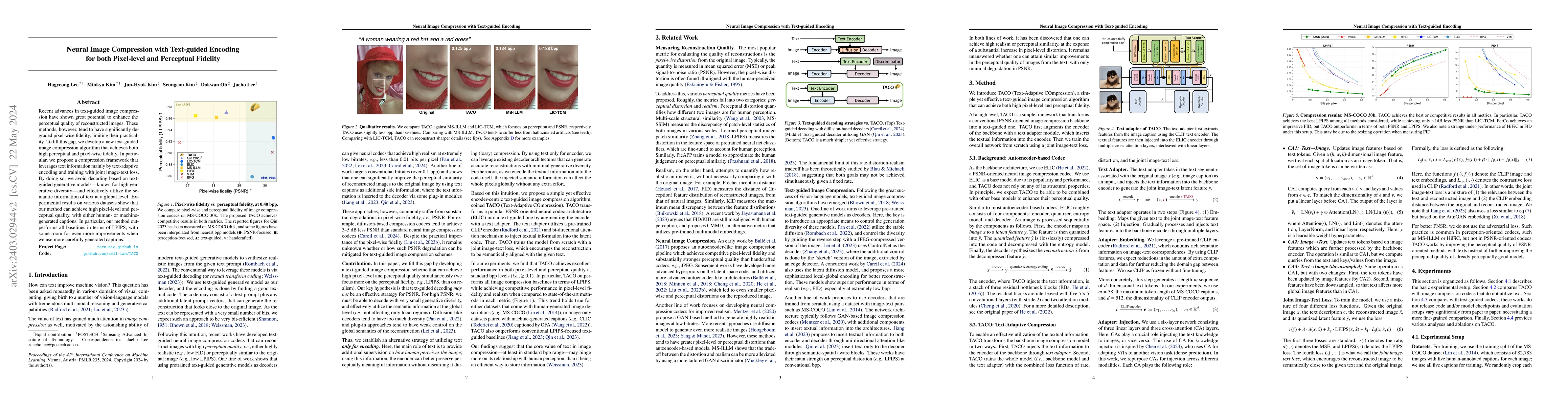 Thumbnail for Neural Image Compression with Text-guided Encoding for both Pixel-level
  and Perceptual Fidelity