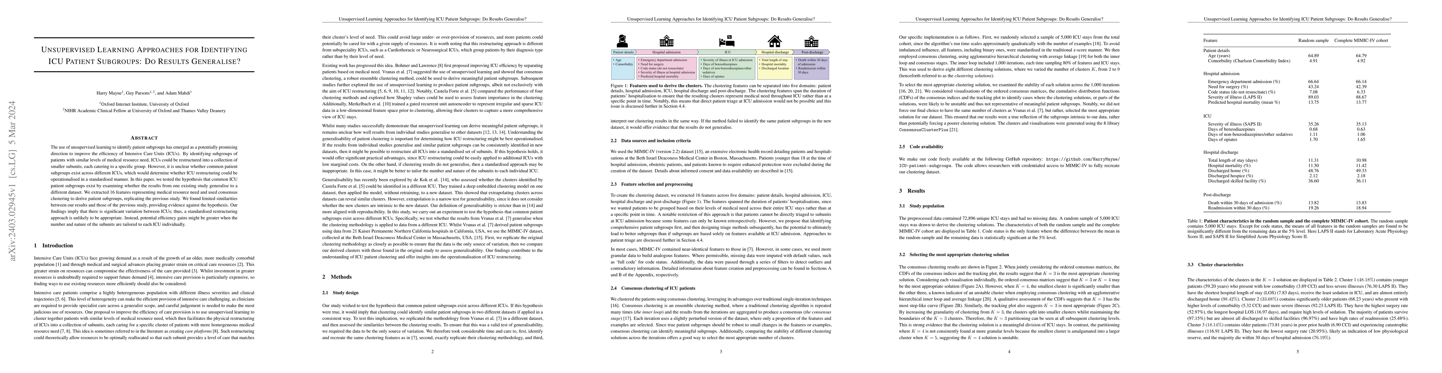Thumbnail for Unsupervised Learning Approaches for Identifying ICU Patient Subgroups:
  Do Results Generalise?