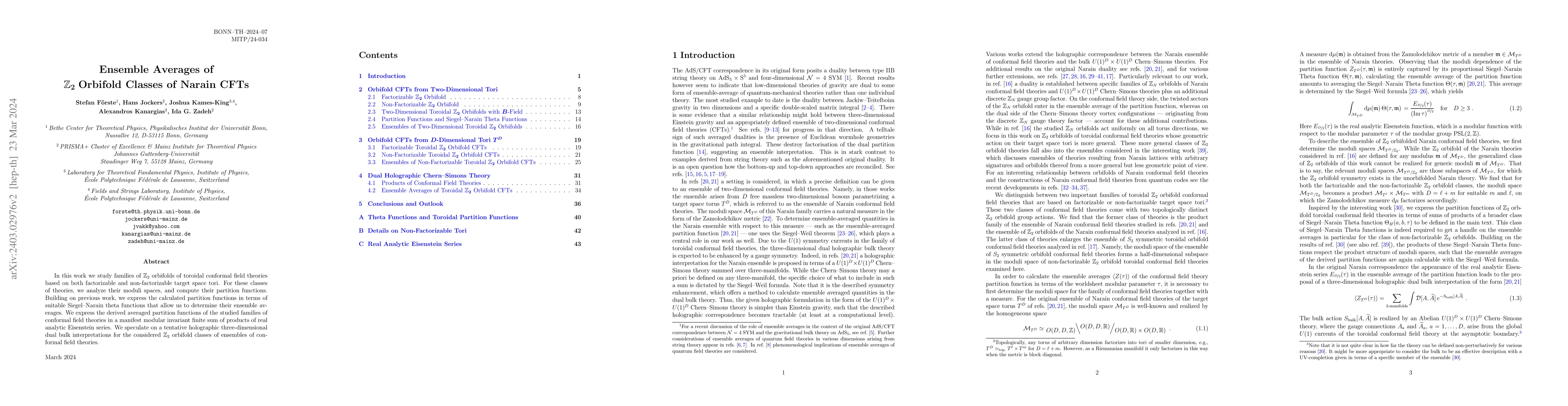 Thumbnail for Ensemble Averages of $\mathbb{Z}_2$ Orbifold Classes of Narain CFTs