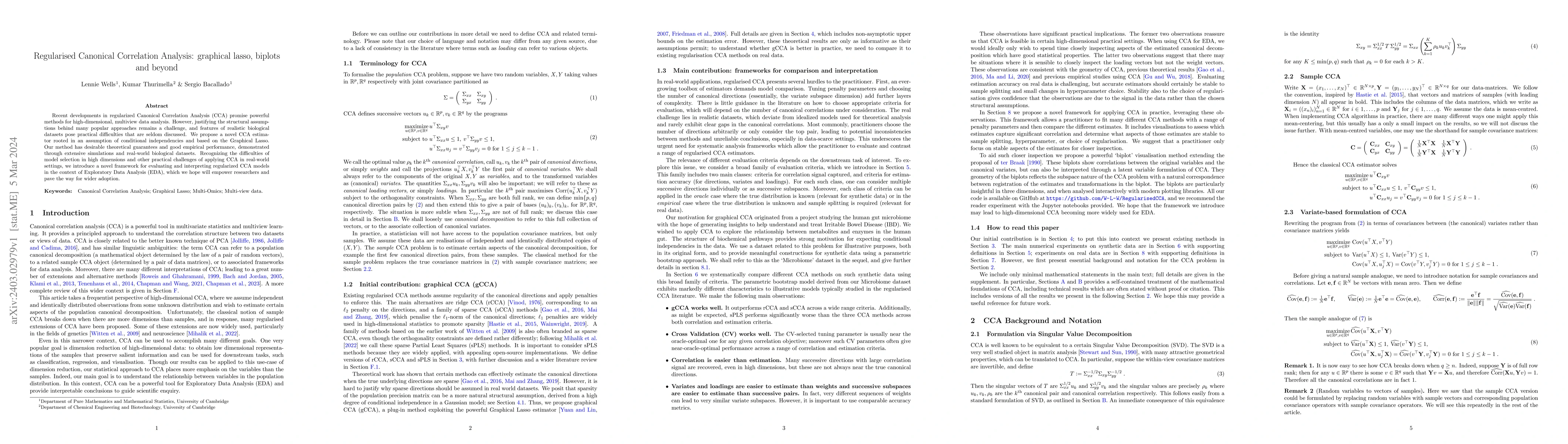 Thumbnail for Regularised Canonical Correlation Analysis: graphical lasso, biplots and
  beyond