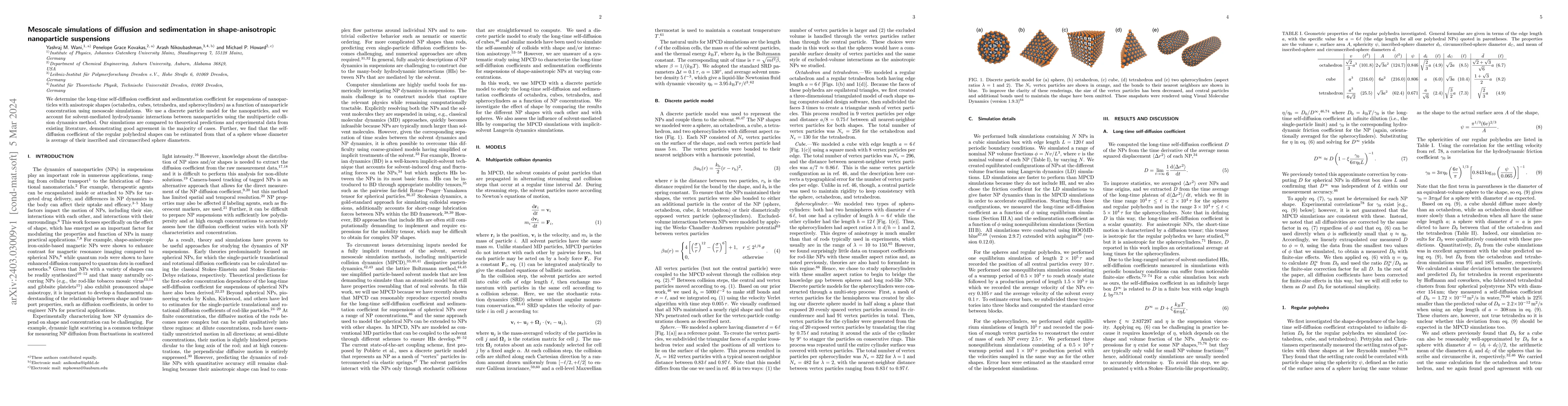 Thumbnail for Mesoscale simulations of diffusion and sedimentation in
  shape-anisotropic nanoparticle suspensions