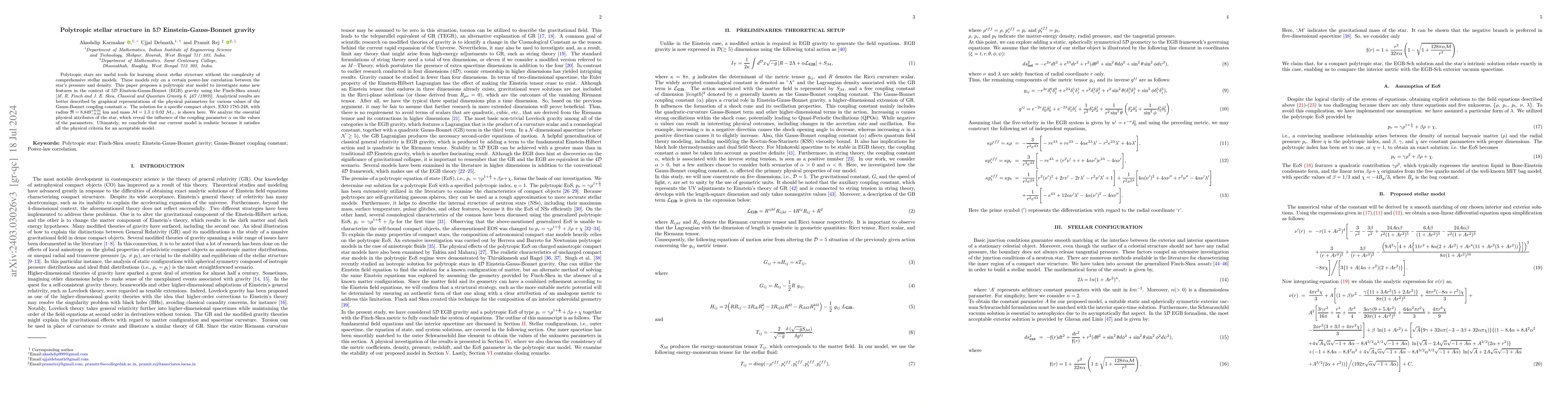 Thumbnail for Polytropic stellar structure in 5$\mathcal{D}$ Einstein-Gauss-Bonnet
  gravity