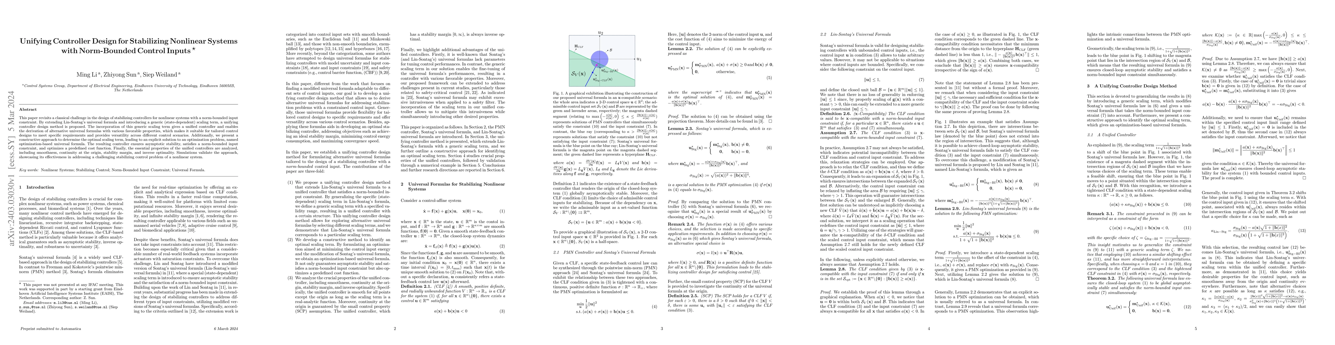 Thumbnail for Unifying Controller Design for Stabilizing Nonlinear Systems with
  Norm-Bounded Control Inputs