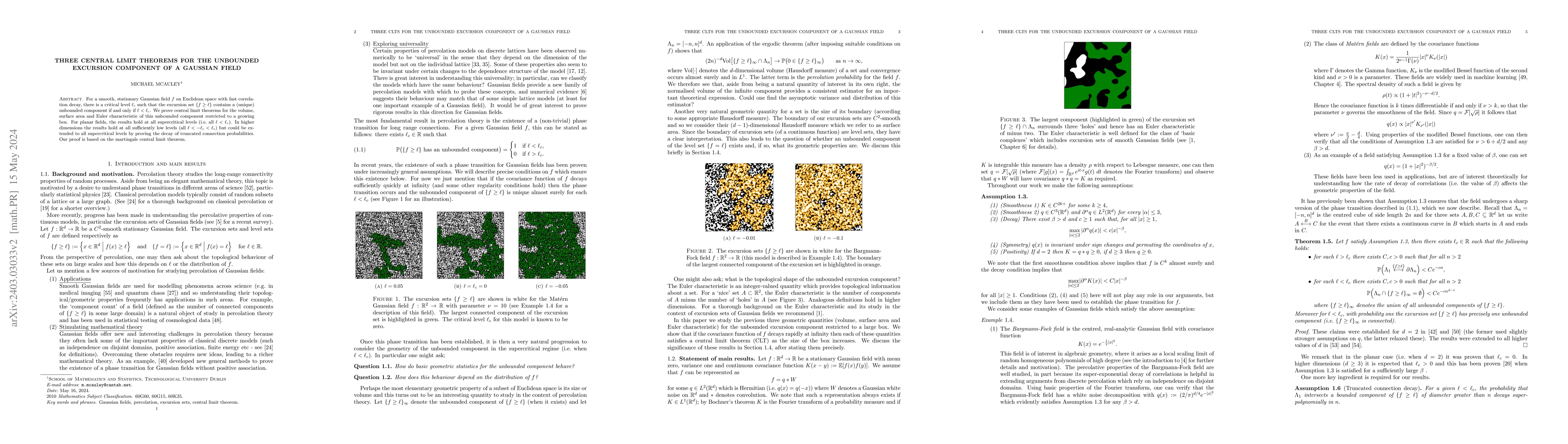 Thumbnail for Three central limit theorems for the unbounded excursion component of a
  Gaussian field