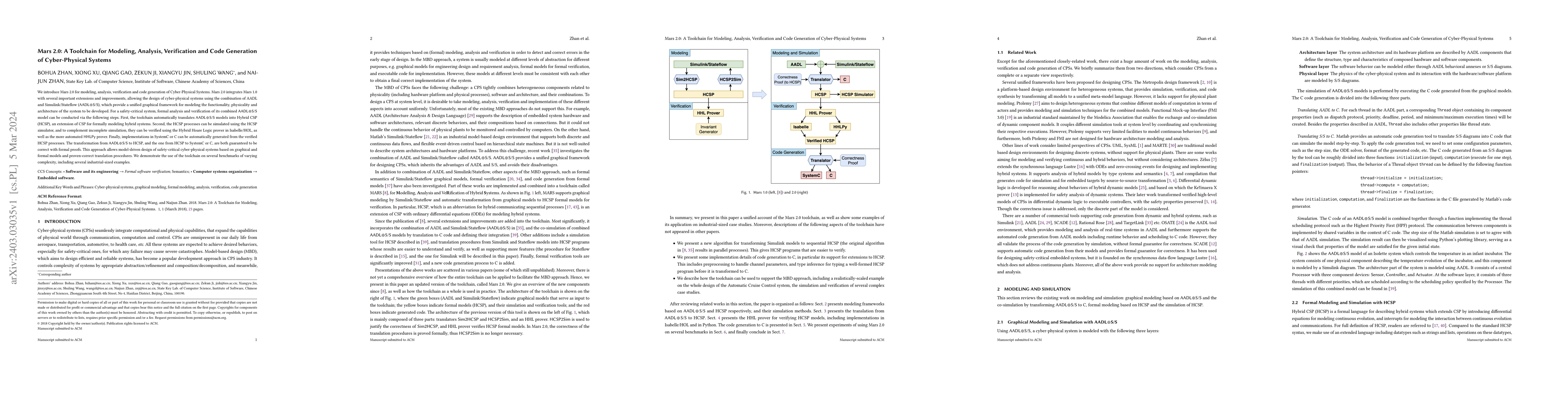 Thumbnail for Mars 2.0: A Toolchain for Modeling, Analysis, Verification and Code
  Generation of Cyber-Physical Systems