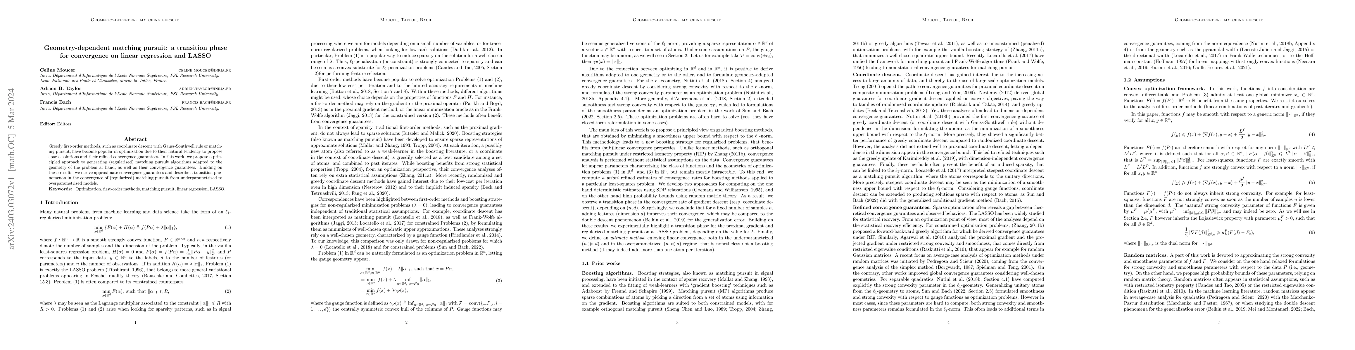 Thumbnail for Geometry-dependent matching pursuit: a transition phase for convergence
  on linear regression and LASSO