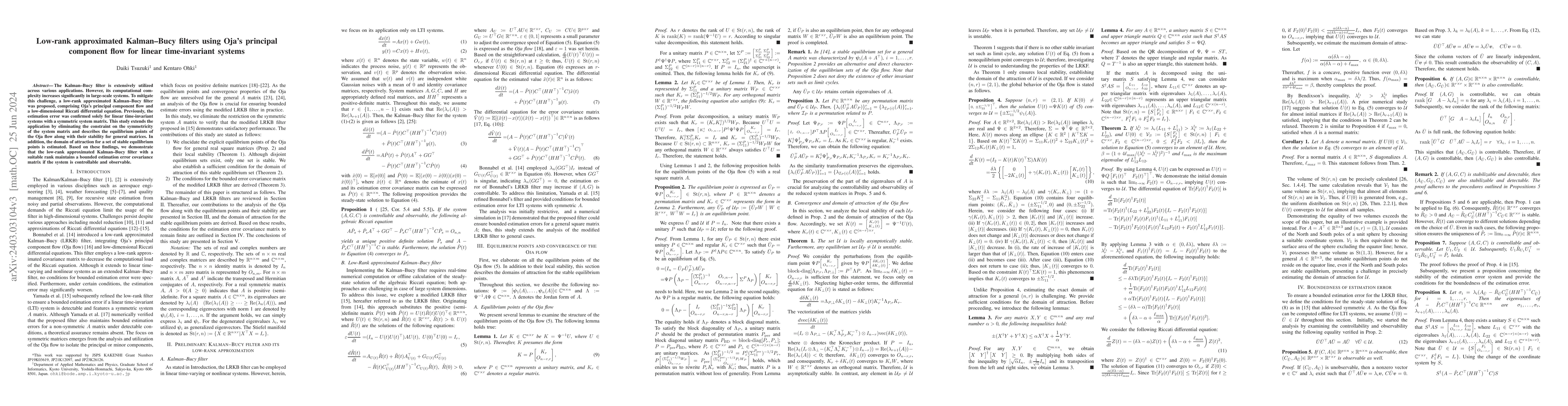 Thumbnail for Low-rank approximated Kalman-Bucy filters using Oja's principal
  component flow for linear time-invariant systems