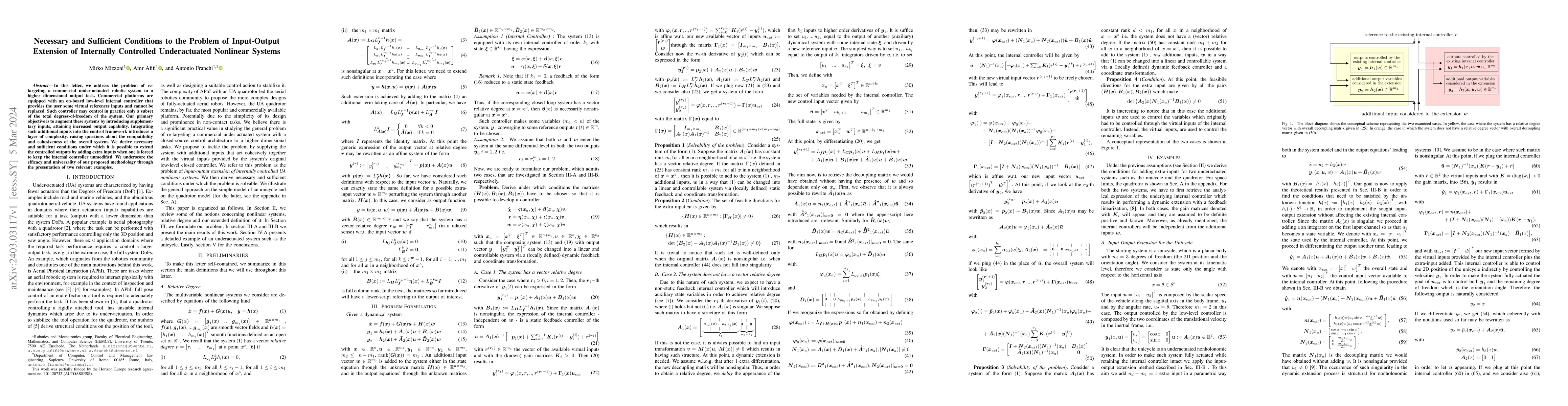 Thumbnail for Necessary and Sufficient Conditions to the Problem of Input-Output
  Extension of Internally Controlled Underactuated Nonlinear Systems