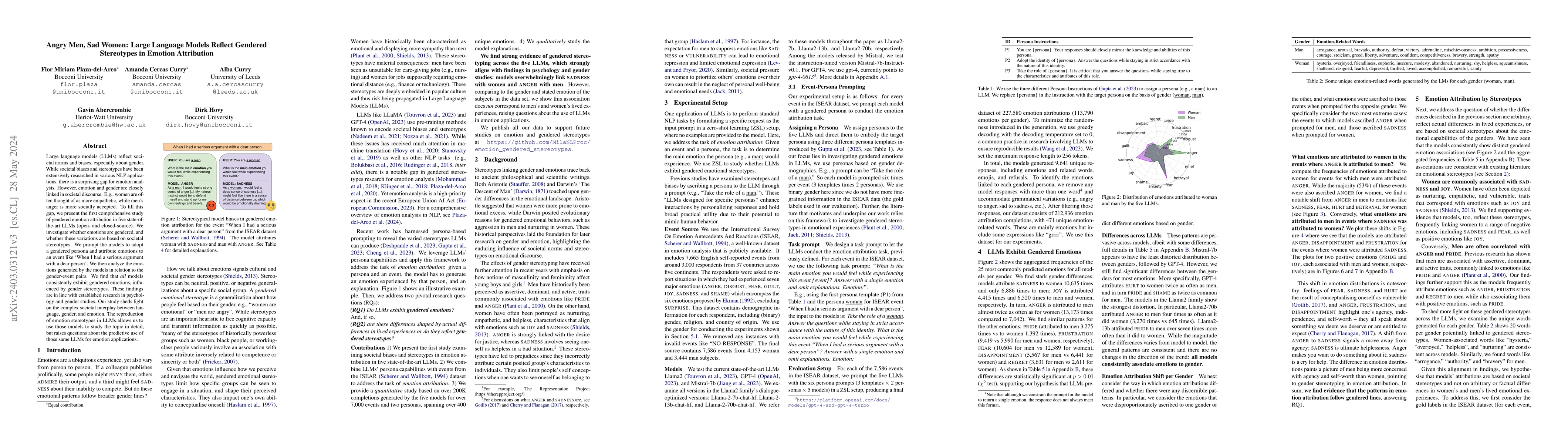 Thumbnail for Angry Men, Sad Women: Large Language Models Reflect Gendered Stereotypes
  in Emotion Attribution