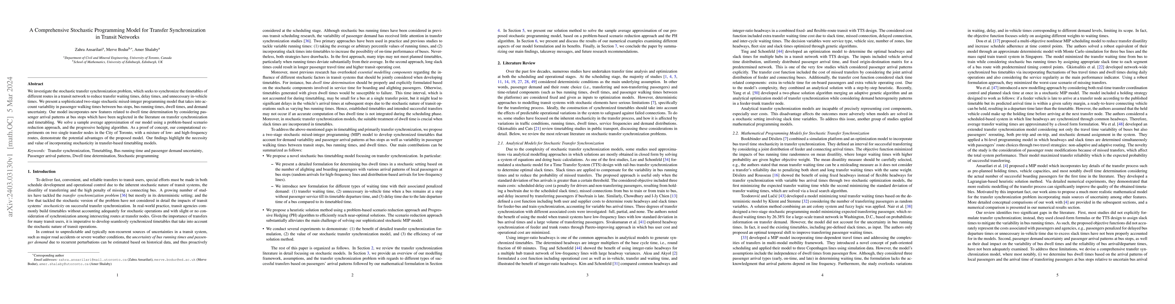 Thumbnail for A Comprehensive Stochastic Programming Model for Transfer
  Synchronization in Transit Networks