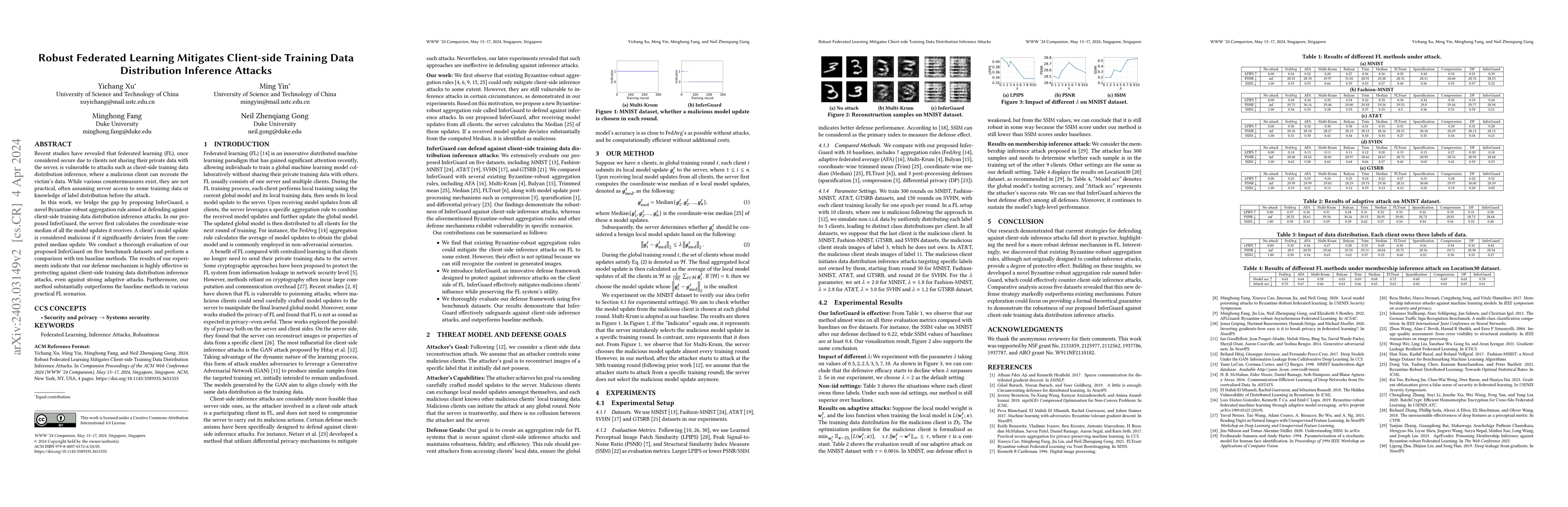 Thumbnail for Robust Federated Learning Mitigates Client-side Training Data
  Distribution Inference Attacks