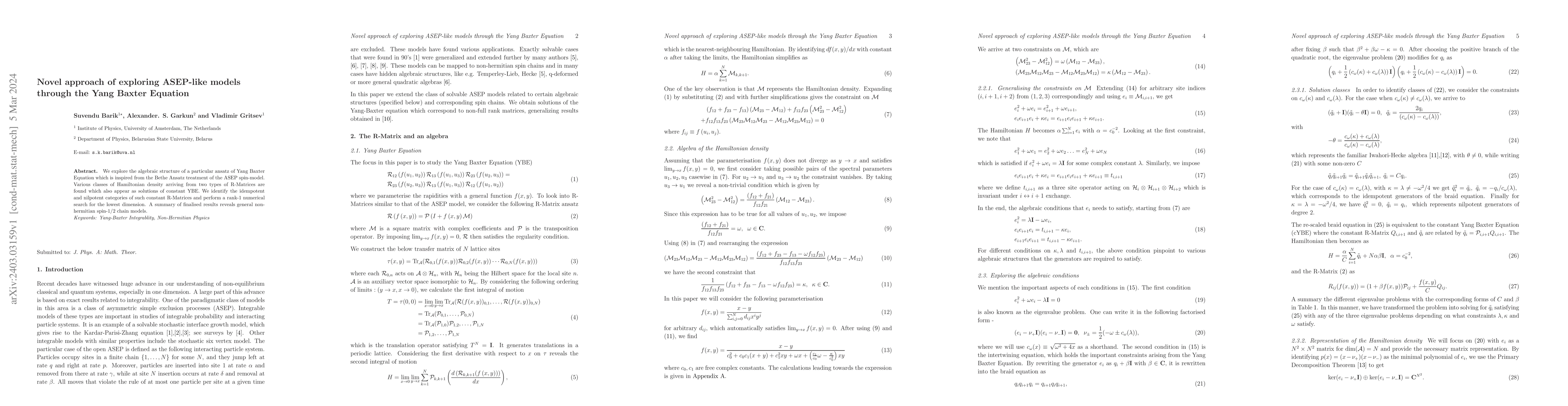 Thumbnail for Novel approach of exploring ASEP-like models through the Yang Baxter
  Equation