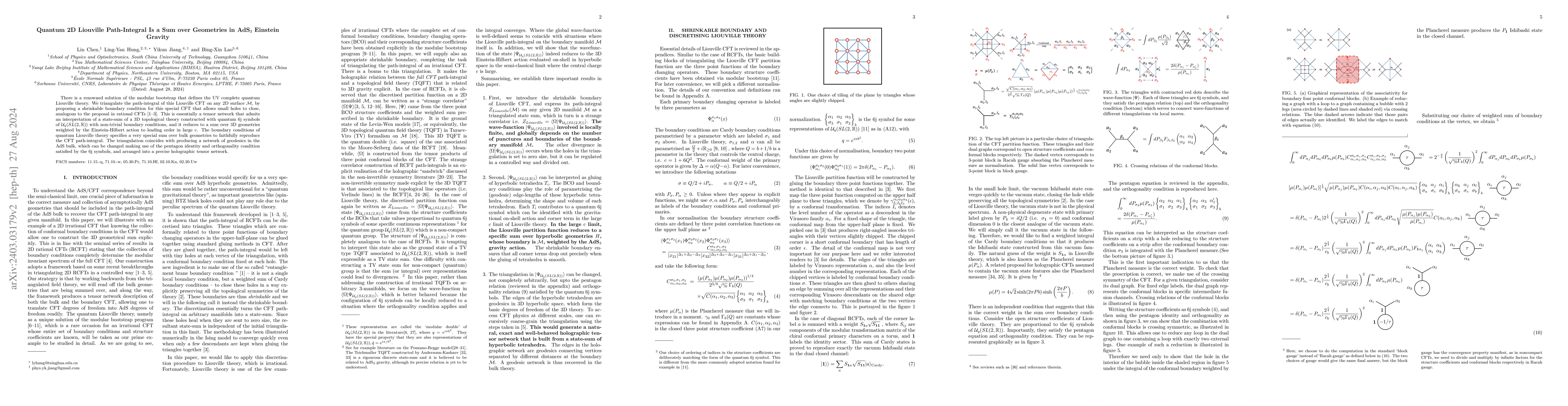 Thumbnail for Quantum 2D Liouville Path-Integral Is a Sum over Geometries in AdS$_3$
  Einstein Gravity