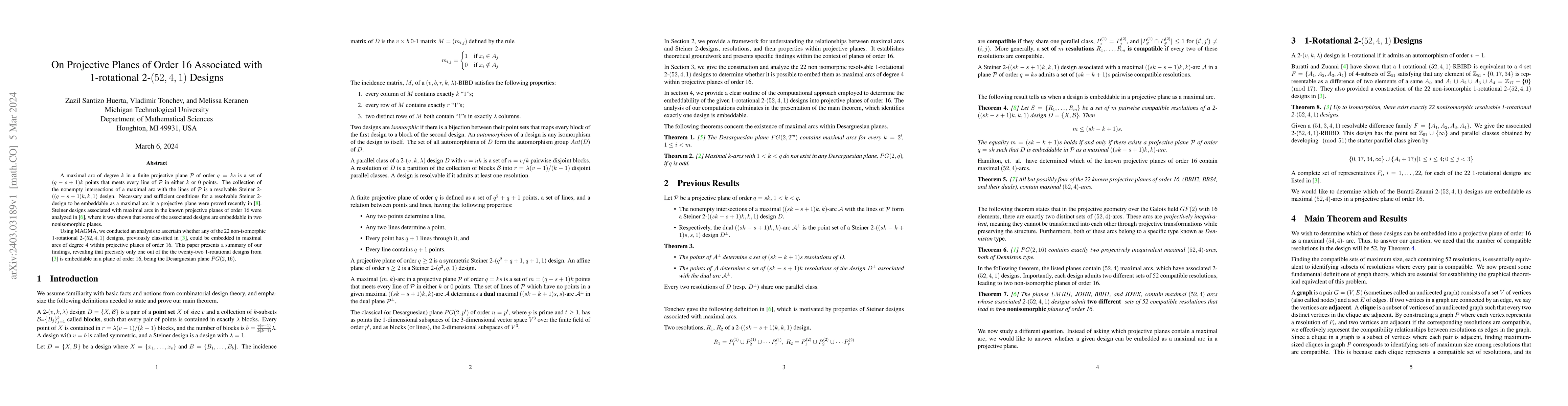 Thumbnail for On Projective Planes of Order 16 Associated with 1-rotational 2-(52, 4,
  1) Designs