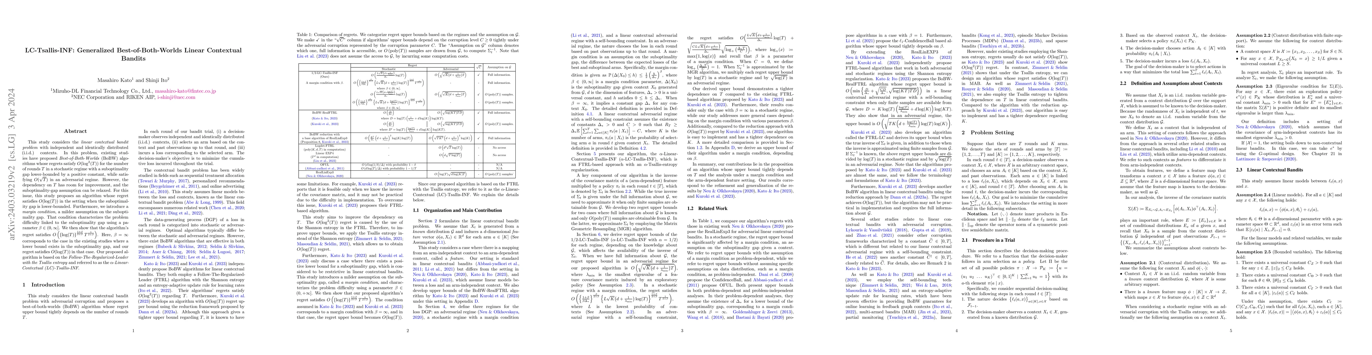 Thumbnail for LC-Tsallis-INF: Generalized Best-of-Both-Worlds Linear Contextual
  Bandits