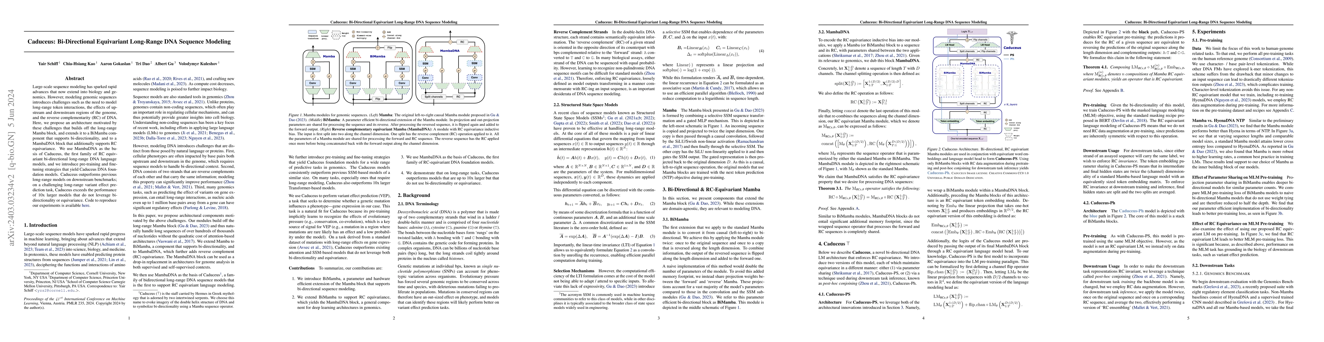 Thumbnail for Caduceus: Bi-Directional Equivariant Long-Range DNA Sequence Modeling