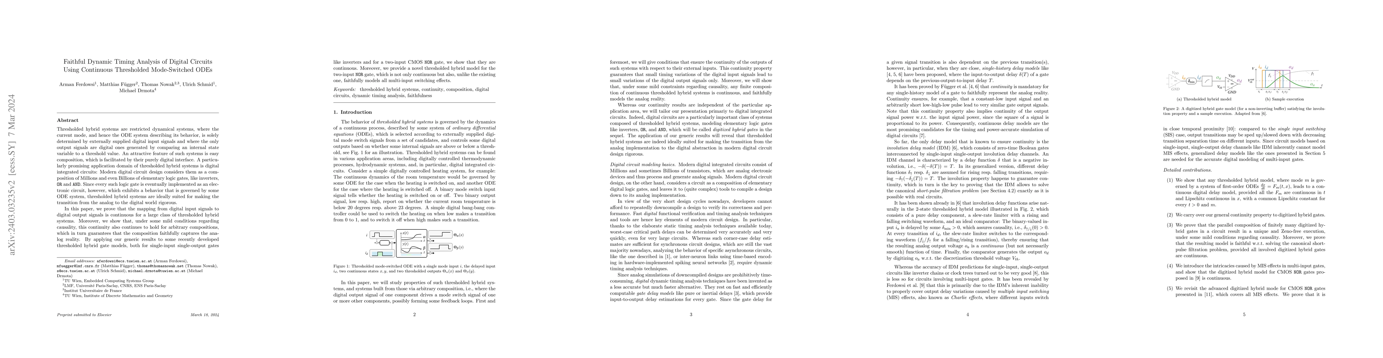 Thumbnail for Faithful Dynamic Timing Analysis of Digital Circuits Using Continuous
  Thresholded Mode-Switched ODEs