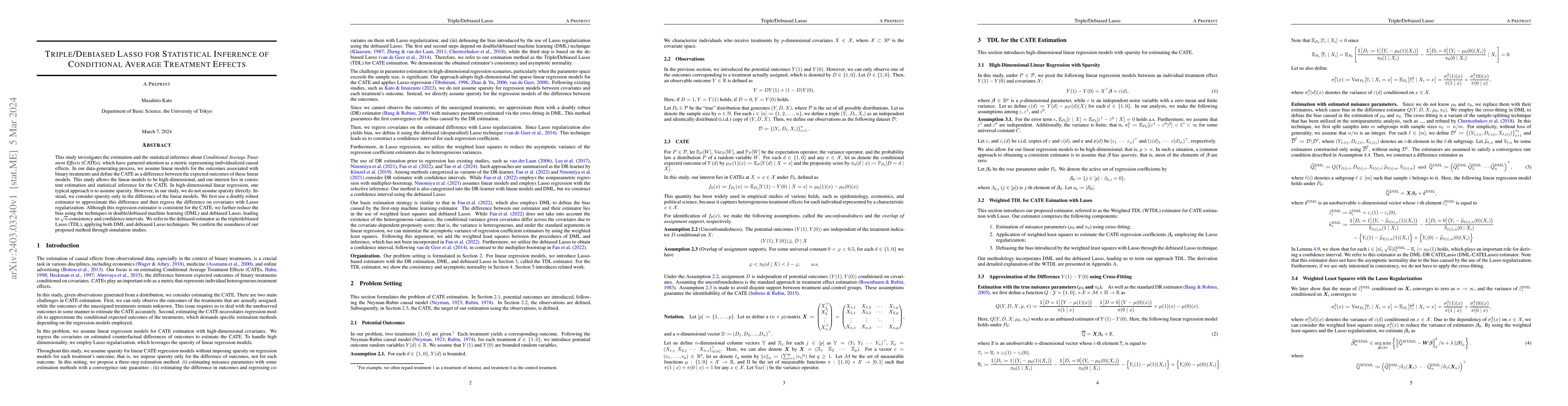 Thumbnail for Triple/Debiased Lasso for Statistical Inference of Conditional Average
  Treatment Effects