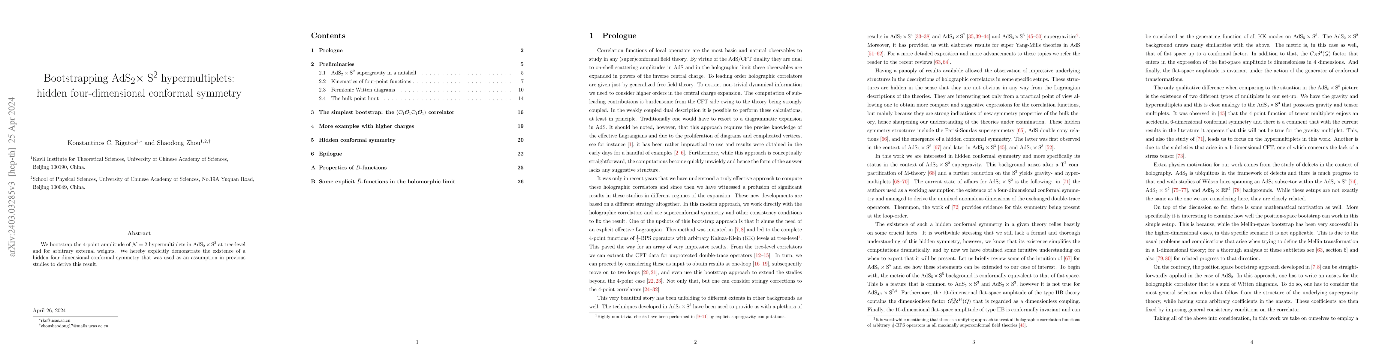 Thumbnail for Bootstrapping AdS$_2 \times$ S$^2$ hypermultiplets: hidden
  four-dimensional conformal symmetry