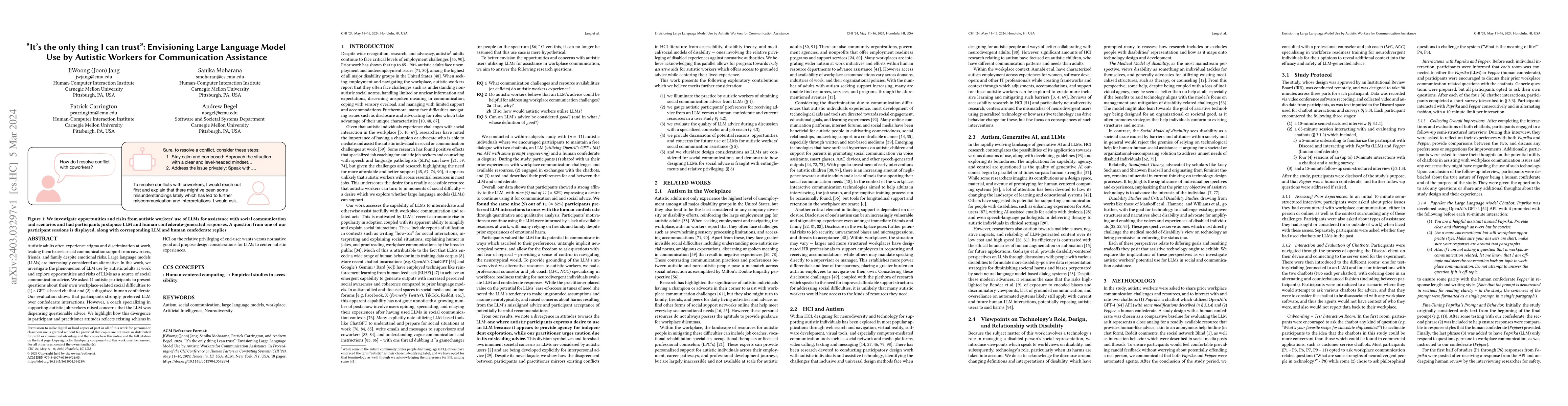 Thumbnail for "It's the only thing I can trust": Envisioning Large Language Model Use
  by Autistic Workers for Communication Assistance