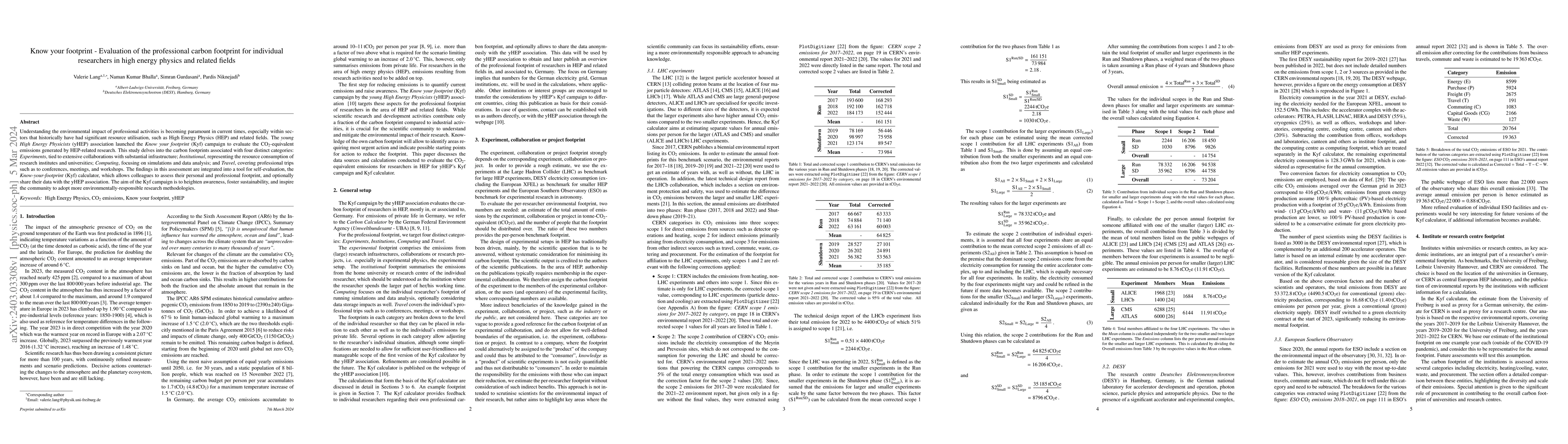 Thumbnail for Know your footprint -- Evaluation of the professional carbon footprint
  for individual researchers in high energy physics and related fields