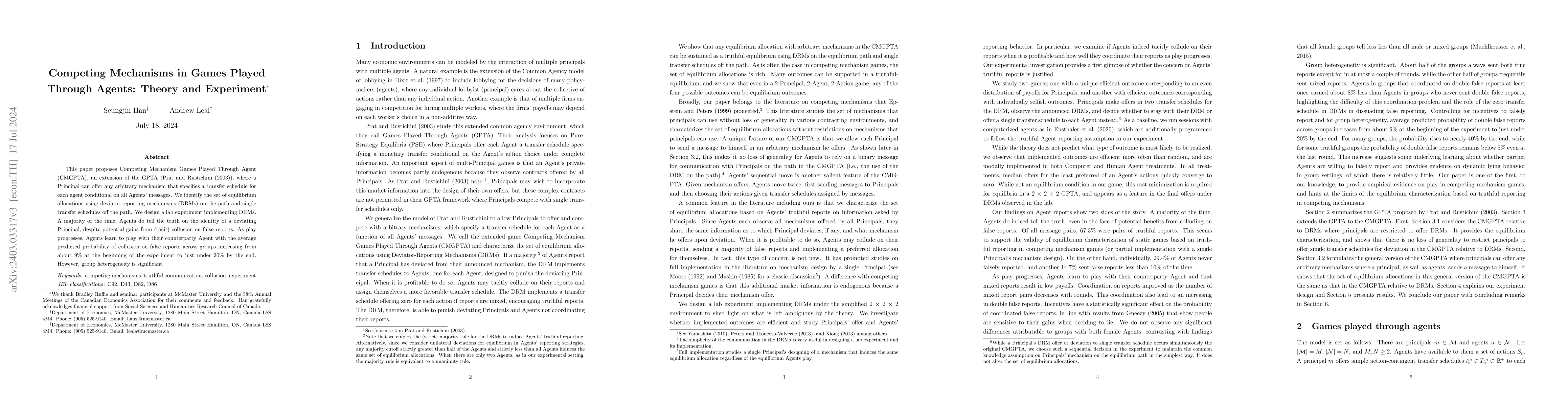 Thumbnail for Competing Mechanisms in Games Played Through Agents: Theory and
  Experiment