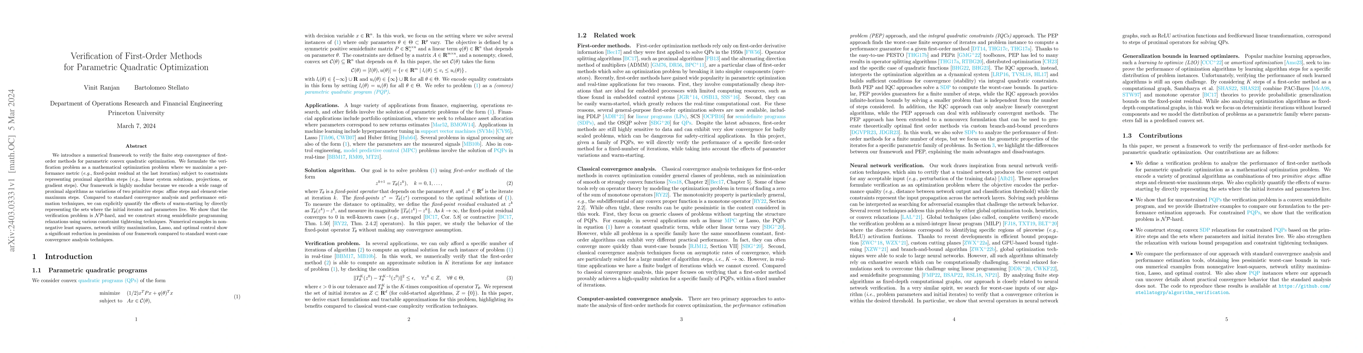 Thumbnail for Verification of First-Order Methods for Parametric Quadratic
  Optimization