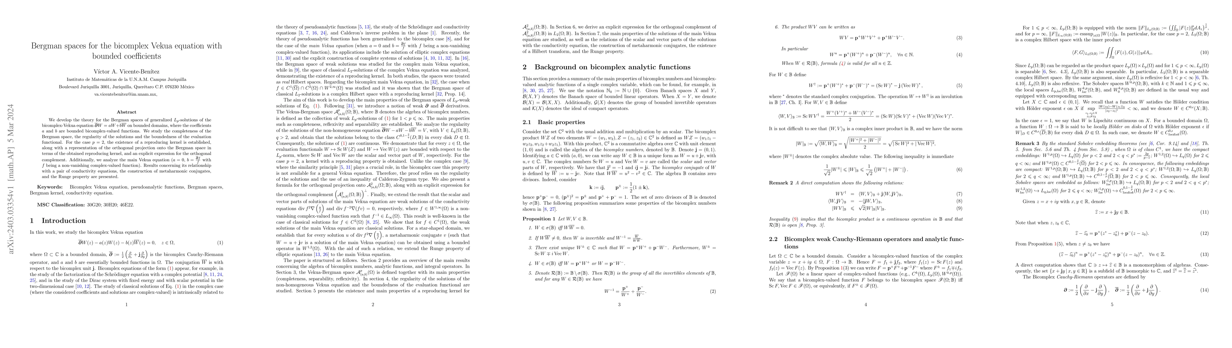 Thumbnail for Bergman spaces for the bicomplex Vekua equation with bounded
  coefficients