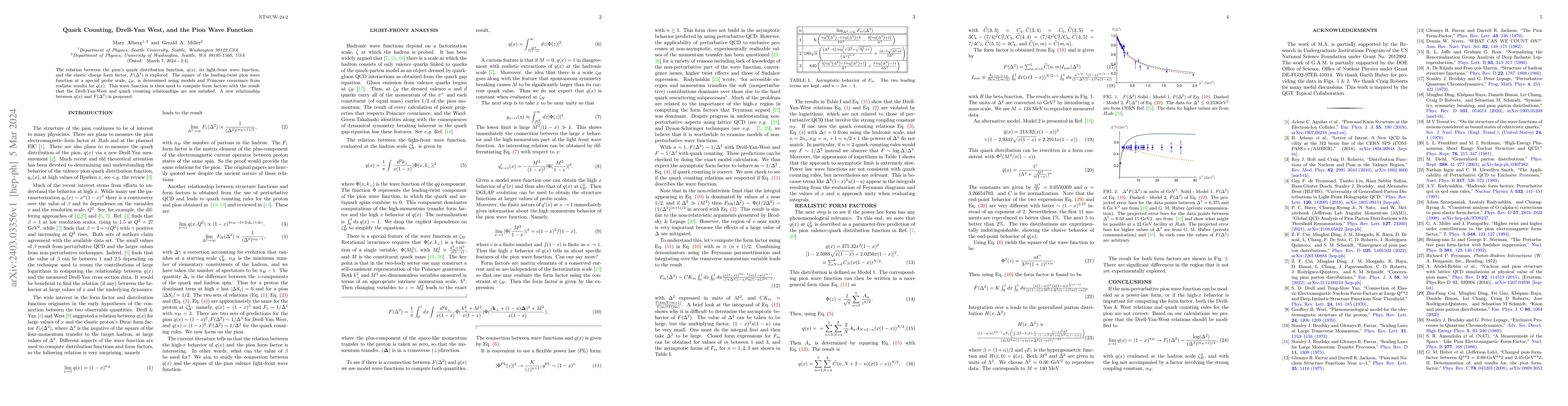 Thumbnail for Quark Counting, Drell-Yan West, and the Pion Wave Function
